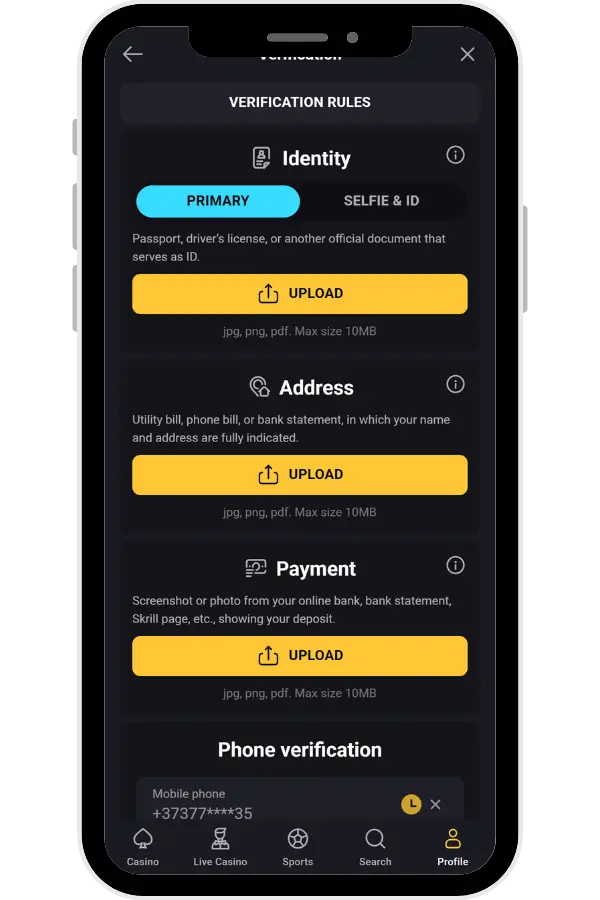 AmonBet Verify your identity to access all platform features.