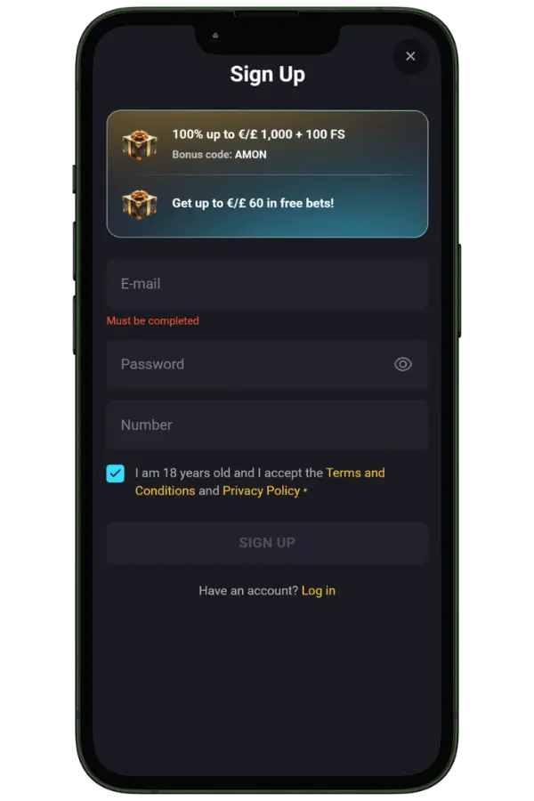AmonBet Type your email address and create a password with at least 8 characters.